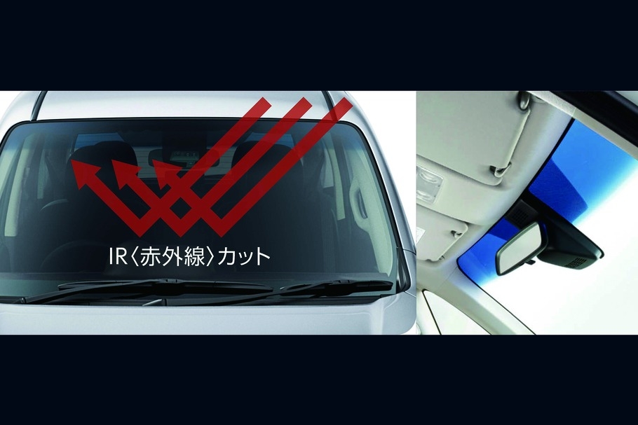 IR<赤外線>カット機能付ウインドシールドグリーンガラス(UVカット機能、高遮音性ガラス、トップシェード付)